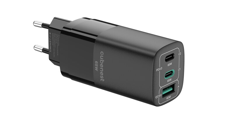 Cubenest Cargador GaN 65 W S3D0 negro