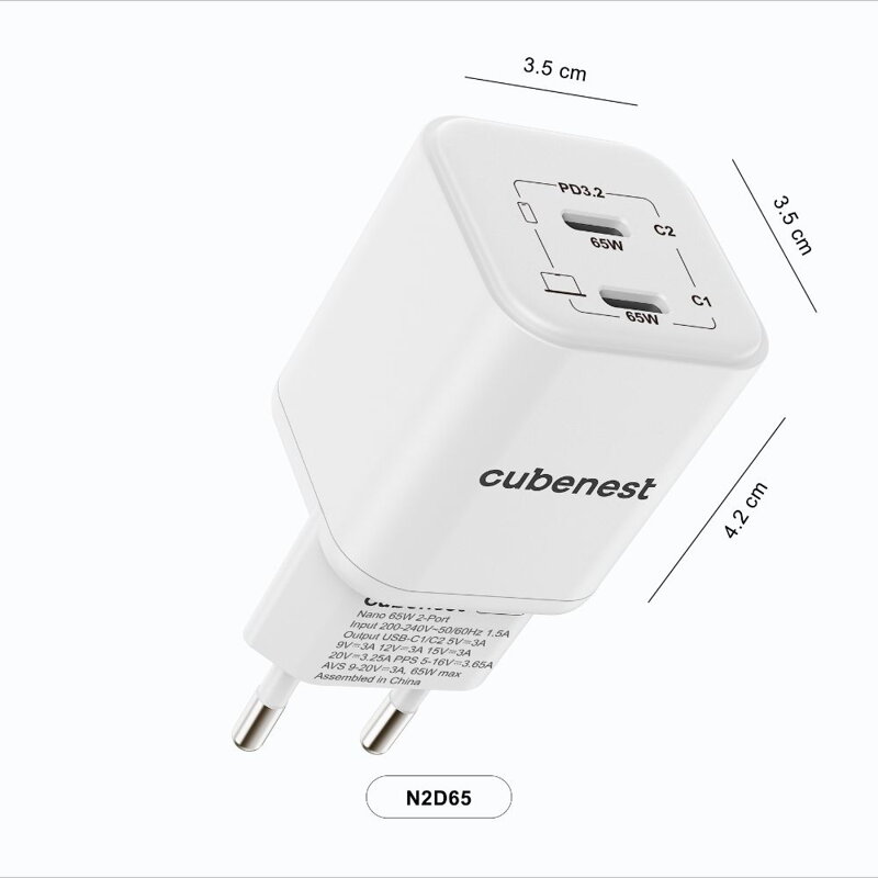 Adaptador Cubenest PD GaN Nano 2xUSB-C 65W N2D65