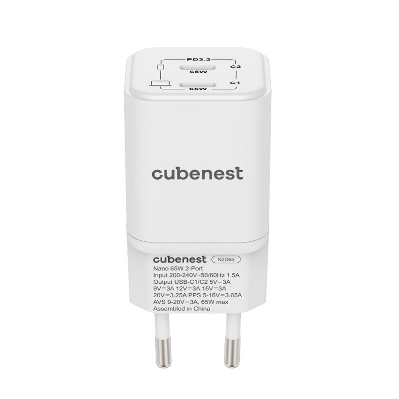 Adaptador Cubenest PD GaN Nano 2xUSB-C 65W N2D65