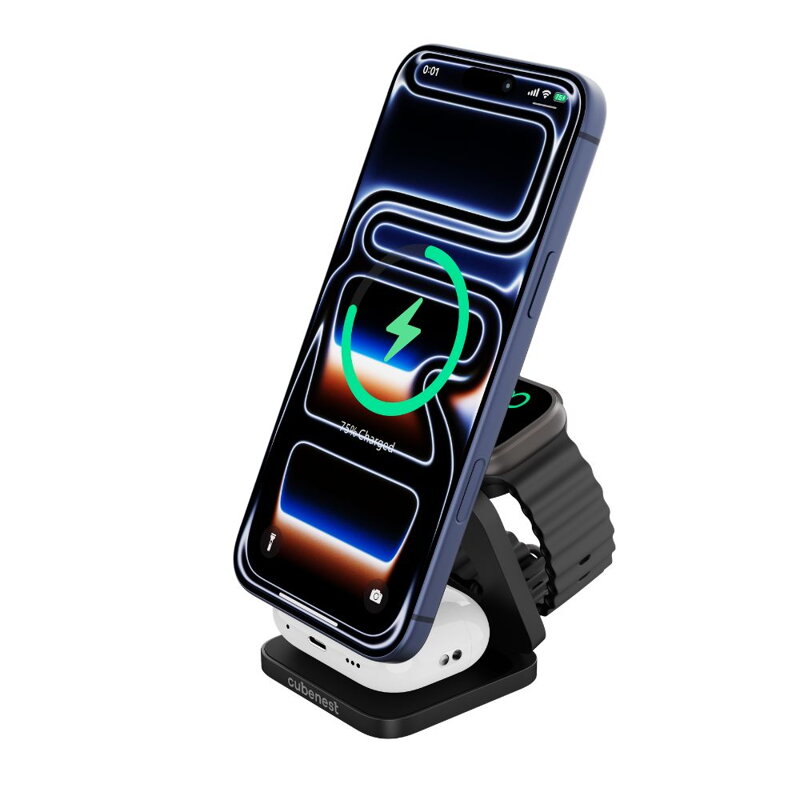 Cubenest El Qi2.2 cargador plegable inalámbrico magnético 3 en 1 SQ312 Ultra negro